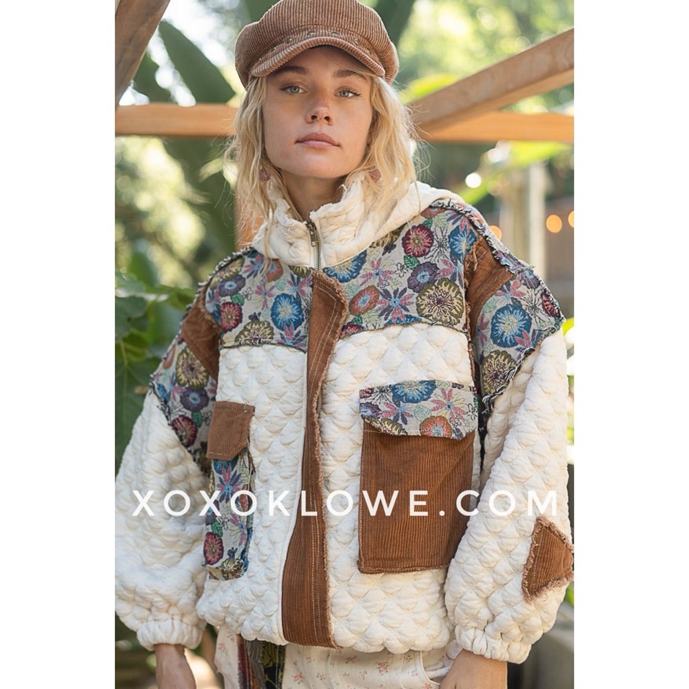 POL Cream Quilted Zip Up Jacket with Floral Jacquard & Corduroy Contrast - Picture 8 of 9